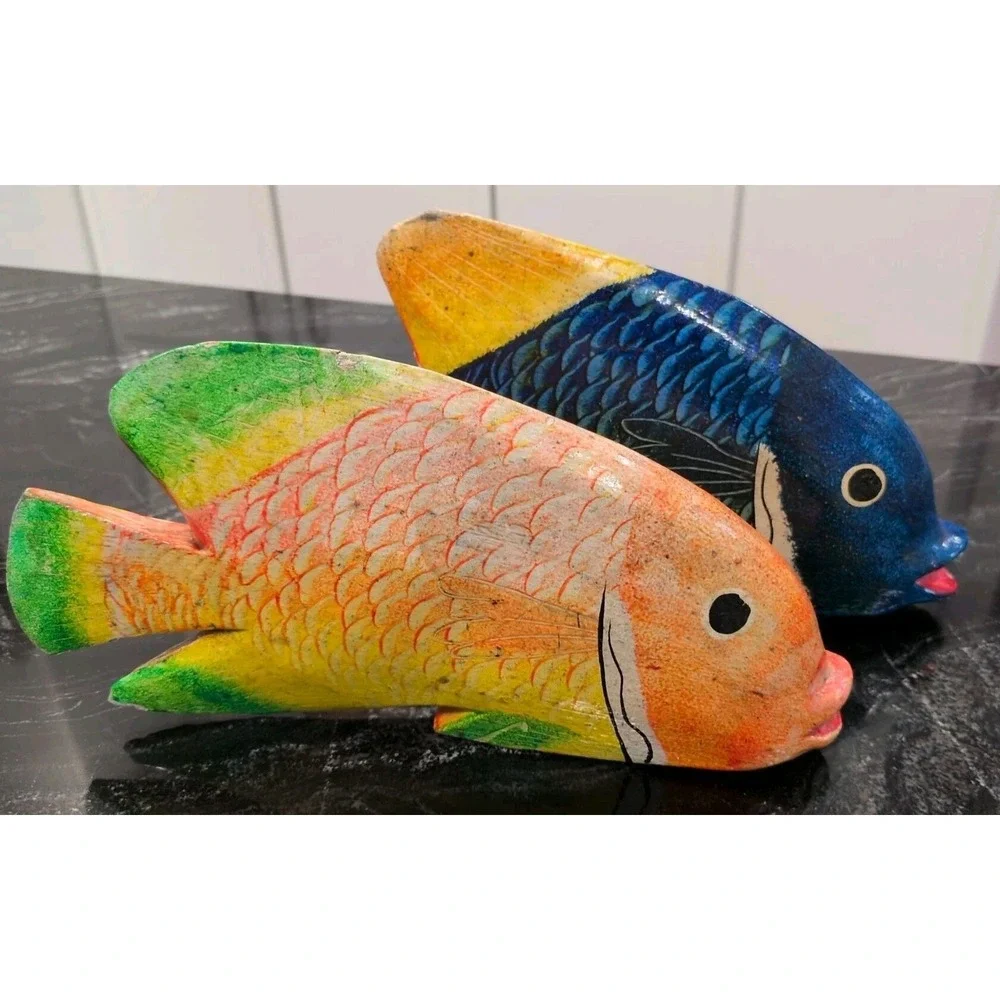 VTG Dominican Republic Hand Carved Wood Fish Figurines Set 2 Tropical Blue 10